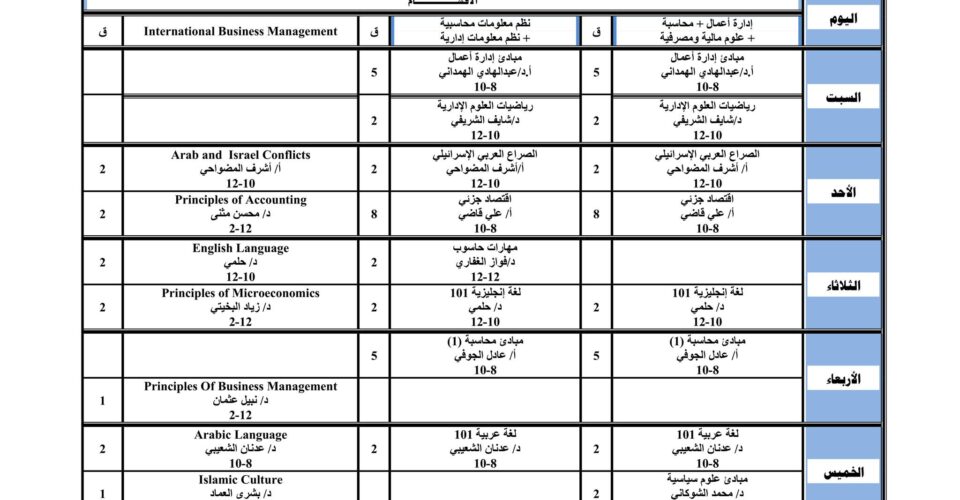 الجدول الدراسي للعام الجامعي 2024-2025م الفصل الأول لكلية العلوم الإدارية والمالية