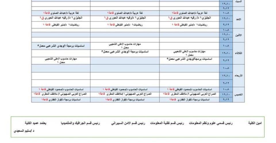 الجدول الدراسي للعام الجامعي 2024-2025م الفصل الأول لكلية الهندسة والتكنولوجيا