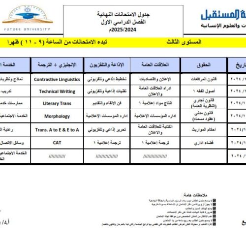 جداول الاختبارات النهائية للفصل الدراسي الأول للمستويات الثاني والثالث والرابع للعام الجامعي 1446هـ الموافق 2024-2025م جميع الكليات