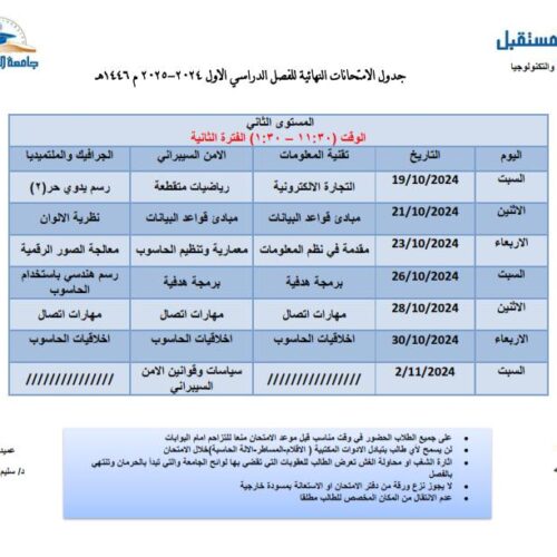 جداول الاختبارات النهائية للفصل الدراسي الأول للمستويات الثاني والثالث والرابع للعام الجامعي 1446هـ الموافق 2024-2025م جميع الكليات