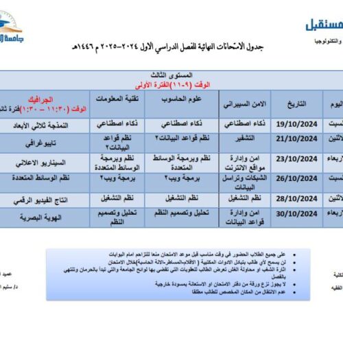 جداول الاختبارات النهائية للفصل الدراسي الأول للمستويات الثاني والثالث والرابع للعام الجامعي 1446هـ الموافق 2024-2025م جميع الكليات