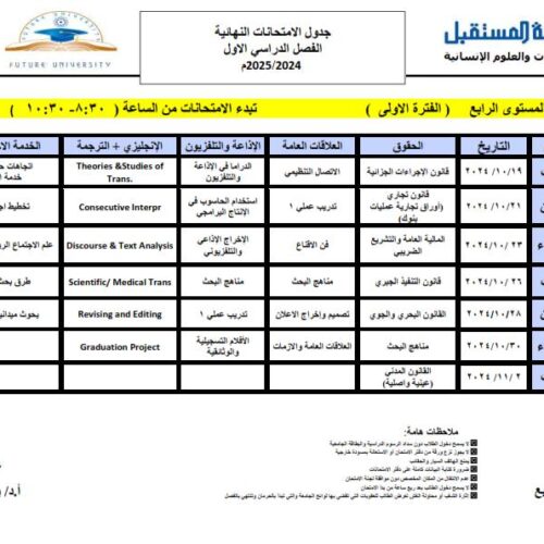 جداول الاختبارات النهائية للفصل الدراسي الأول للمستويات الثاني والثالث والرابع للعام الجامعي 1446هـ الموافق 2024-2025م جميع الكليات