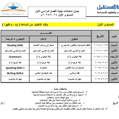 جداول الاختبارات النهائية للفصل الدراسي الأول المستوى الأول للعام الجامعي 1446هـ الموافق (2024-2025م)