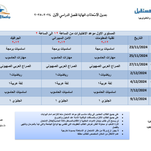 جداول الاختبارات النهائية للفصل الدراسي الأول المستوى الأول للعام الجامعي 1446هـ الموافق (2024-2025م)