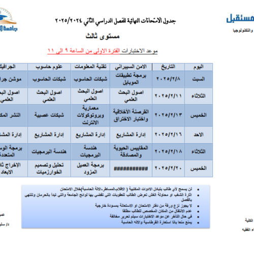 جداول الاختبارات النهائية للعام الجامعي 1446هـ الموافق (2024-2025م) لكلية الهندسة والتكنولوجيا