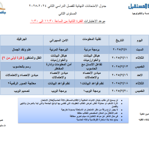 جداول الاختبارات النهائية للعام الجامعي 1446هـ الموافق (2024-2025م) لكلية الهندسة والتكنولوجيا