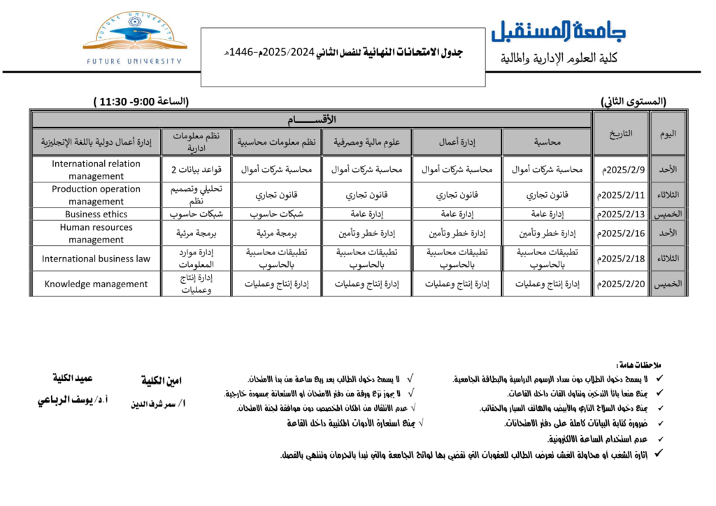 جدول اختبارات الفصل الثاني مستوى الثاني الثالث الرابع 2024-2025م_1