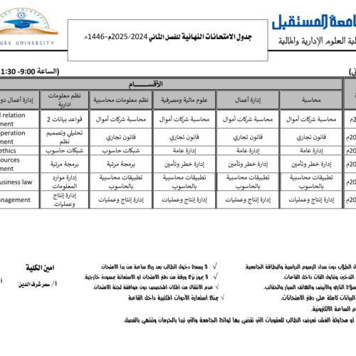 جداول الاختبارات النهائية للعام الجامعي 1446هـ الموافق (2024-2025م) لكلية العلوم الإدارية والمالية