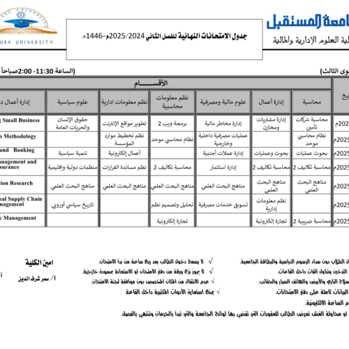 جداول الاختبارات النهائية للعام الجامعي 1446هـ الموافق (2024-2025م) لكلية العلوم الإدارية والمالية