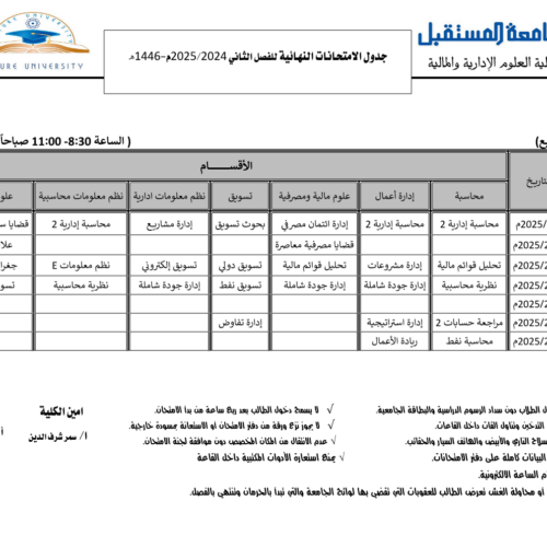 جداول الاختبارات النهائية للعام الجامعي 1446هـ الموافق (2024-2025م) لكلية العلوم الإدارية والمالية