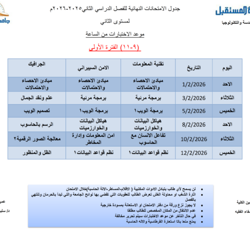 جداول الاختبارات للفصل الدراسي الثاني للعام الجامعي 2025-2026م